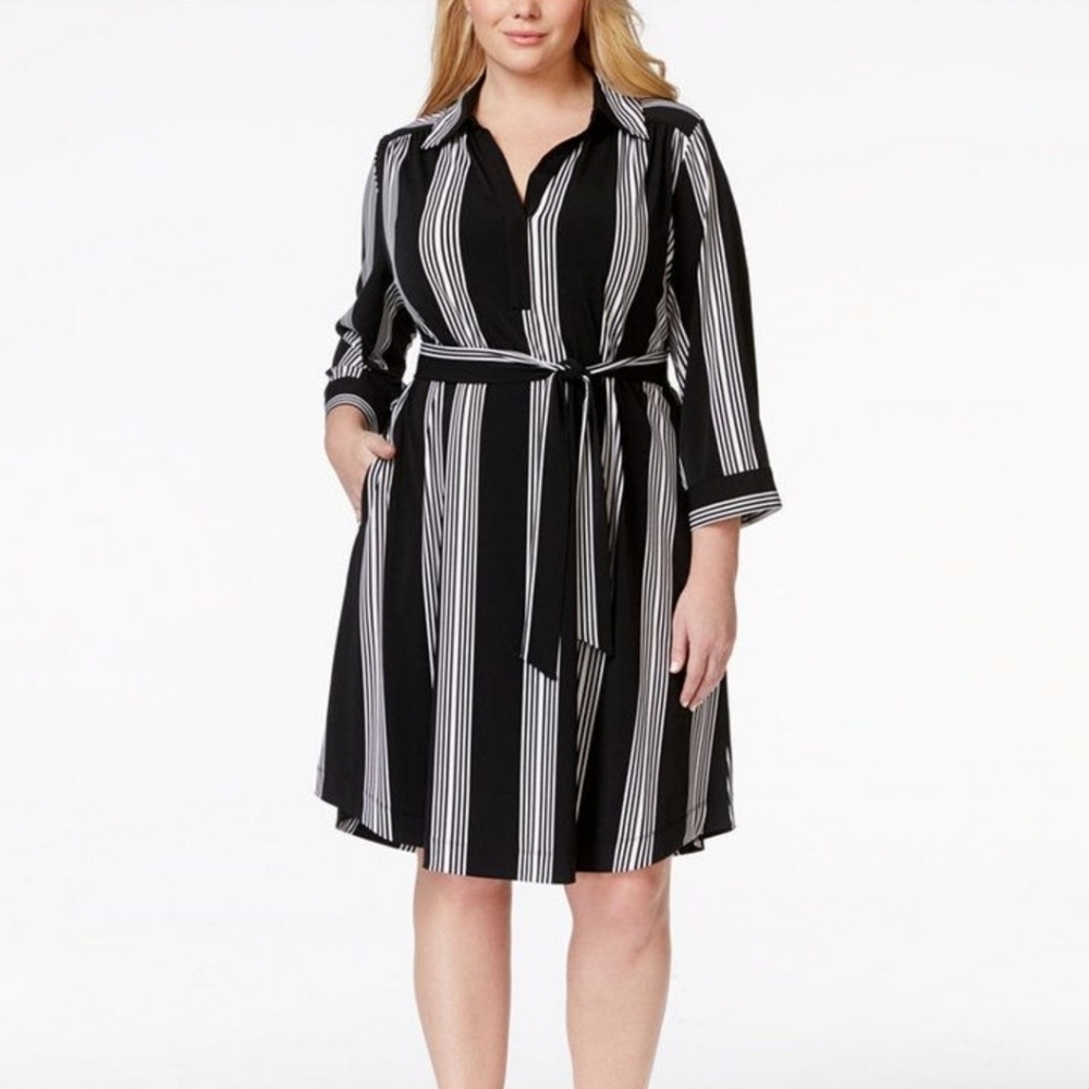 INC International Concepts Black & White Stripe Tie Belt Knee Length Shirt Dress